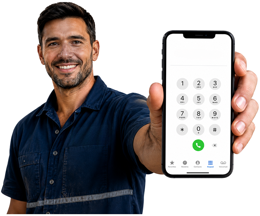 Cammeray Blocked Drains plumber holding a phone — call 1300 261 965