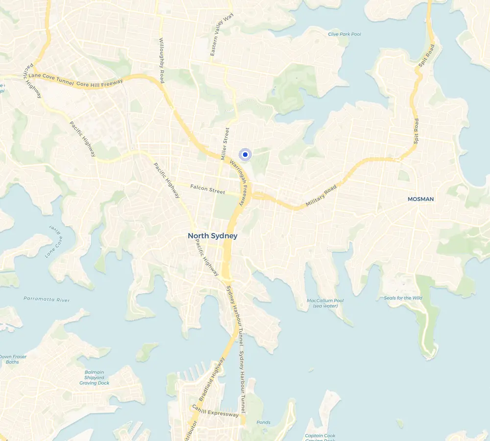 Map of the Cammeray service area and the surrounding Lower North Shore, showing Cammeray and the nearby streets we cover.