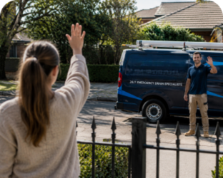 Customer waving goodbye to a Cammeray Blocked Drains plumber
